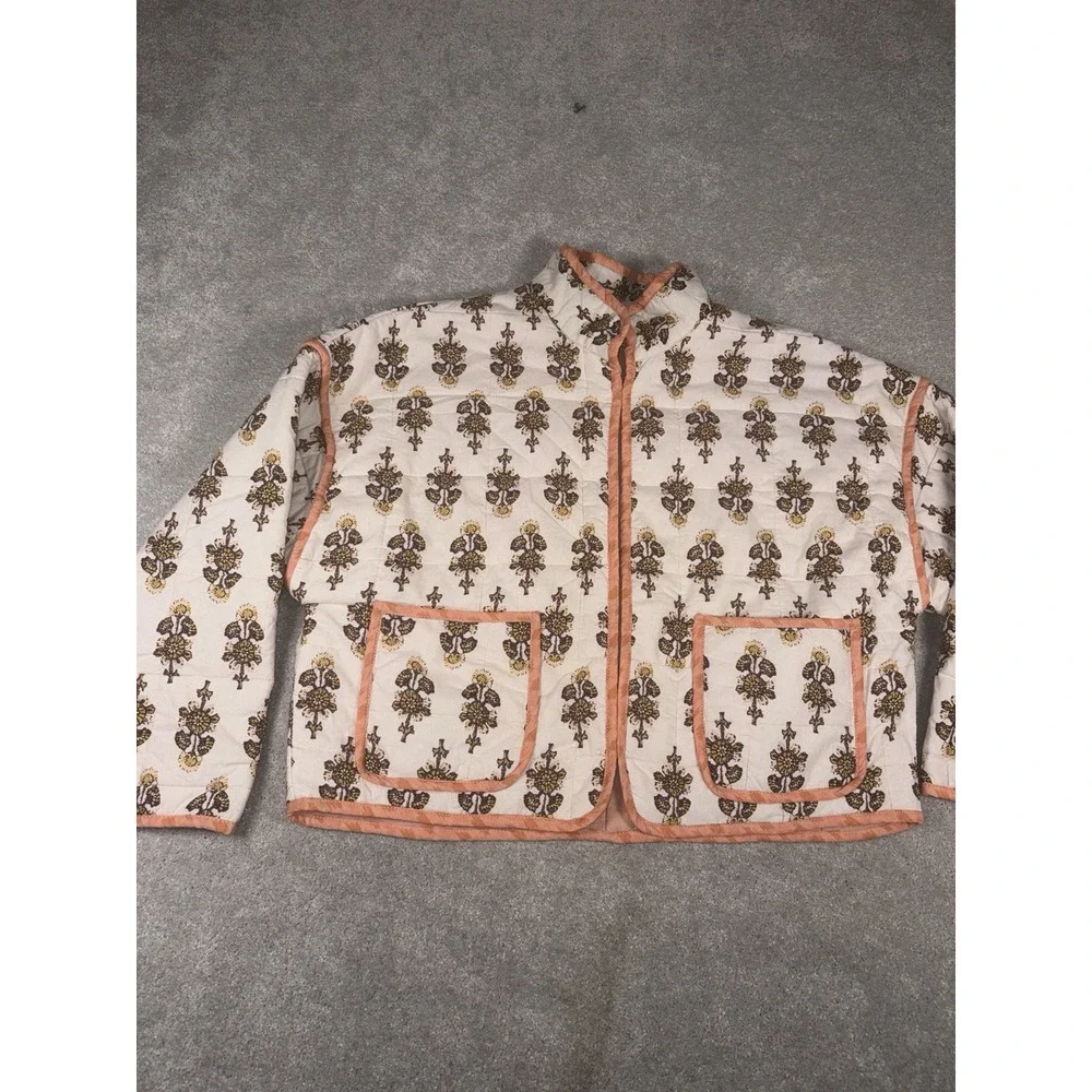 Free People Chloe Quilted Jacket XS Peach Ivory Folk Print Boho Dolman Cropped